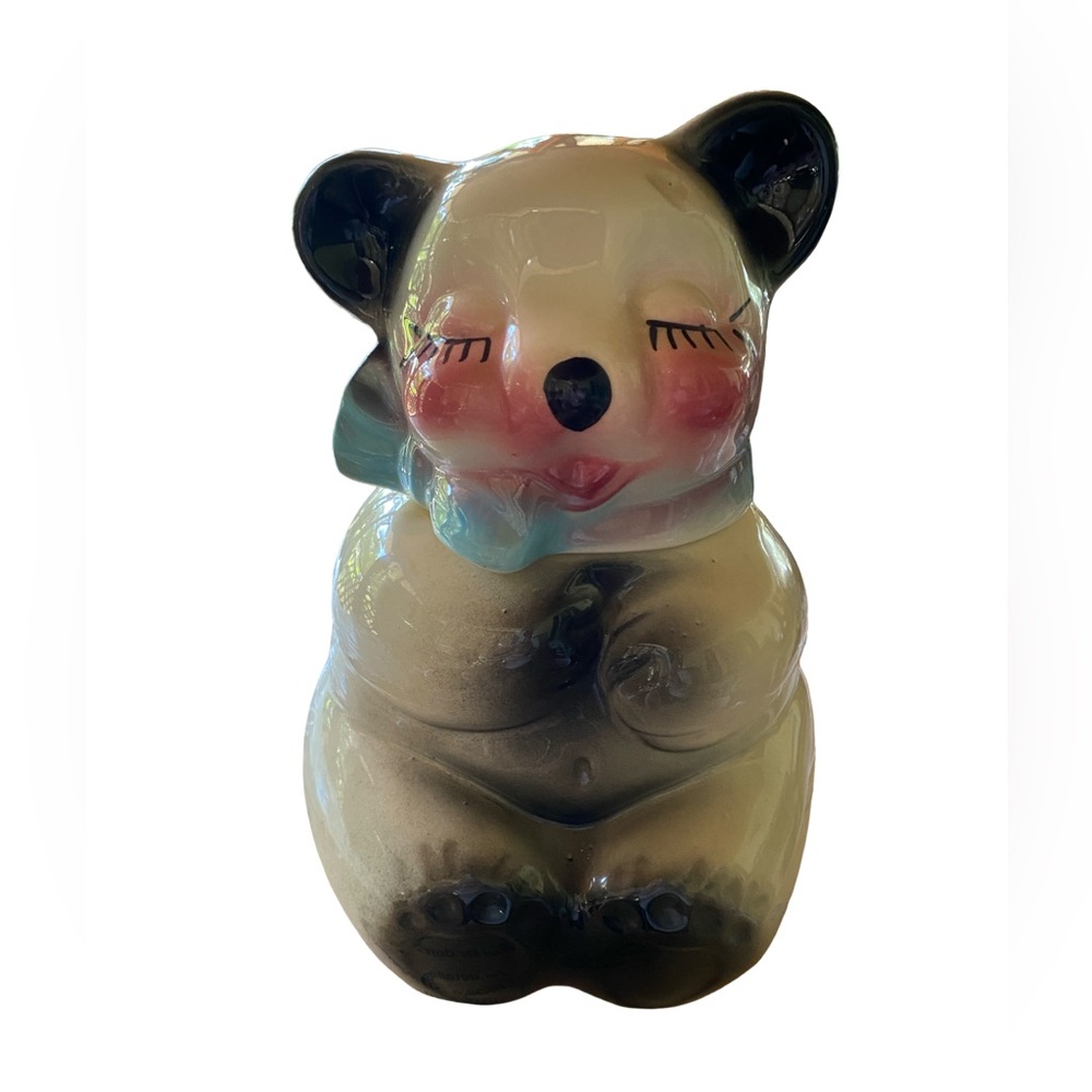 Vintage American Bisque Pottery Cookie Jar Seated Bear Blue Bow